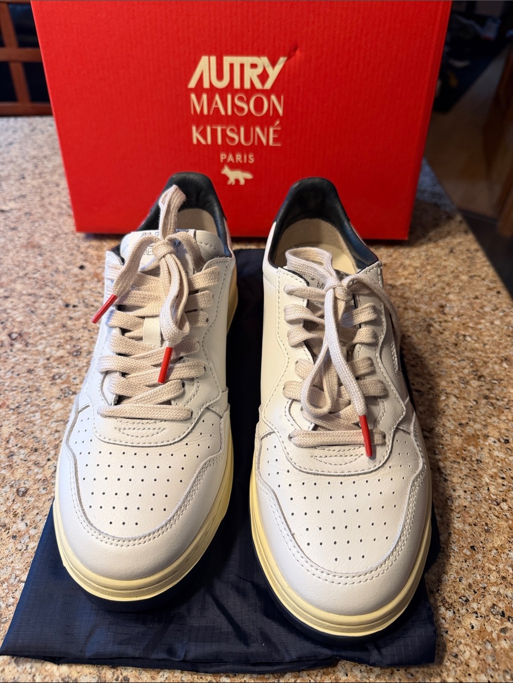 Autry Maison Kitsuné Men’s Cream Leather Sneakers with Red Lace Tips